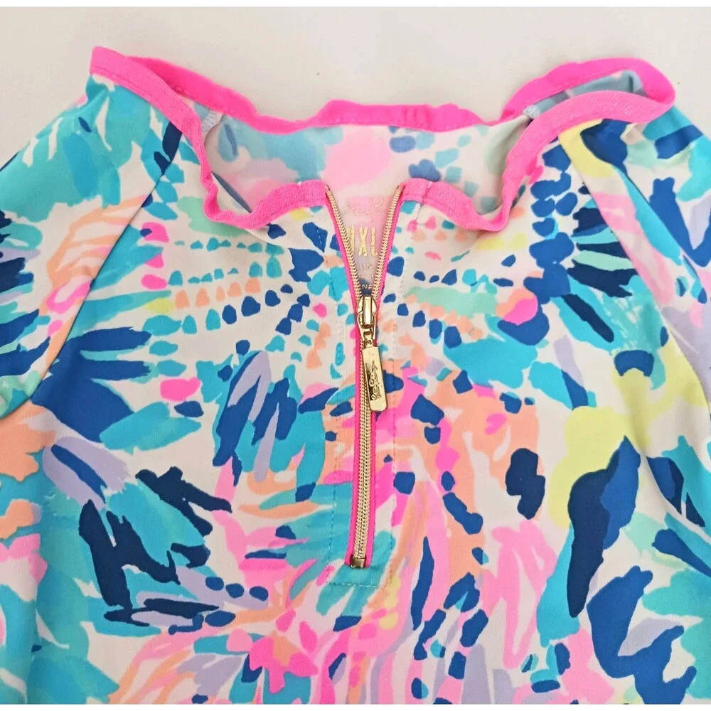 Lilly Pulitzer Luxletic Girls 1/4 Zip Rash Guard Swim Top Sz S (4-5) UPF 50+